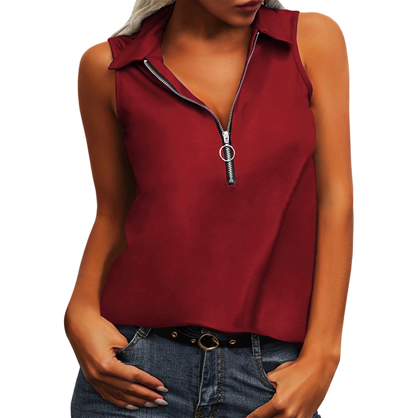 Tank Tops for Women Vests Dressy Lapel Casual Graphic Zip Up V Neck Tunics  Halter Sleeveless Slim Fit Tunic Blouse Tshirts Camis Top - Walmart.com