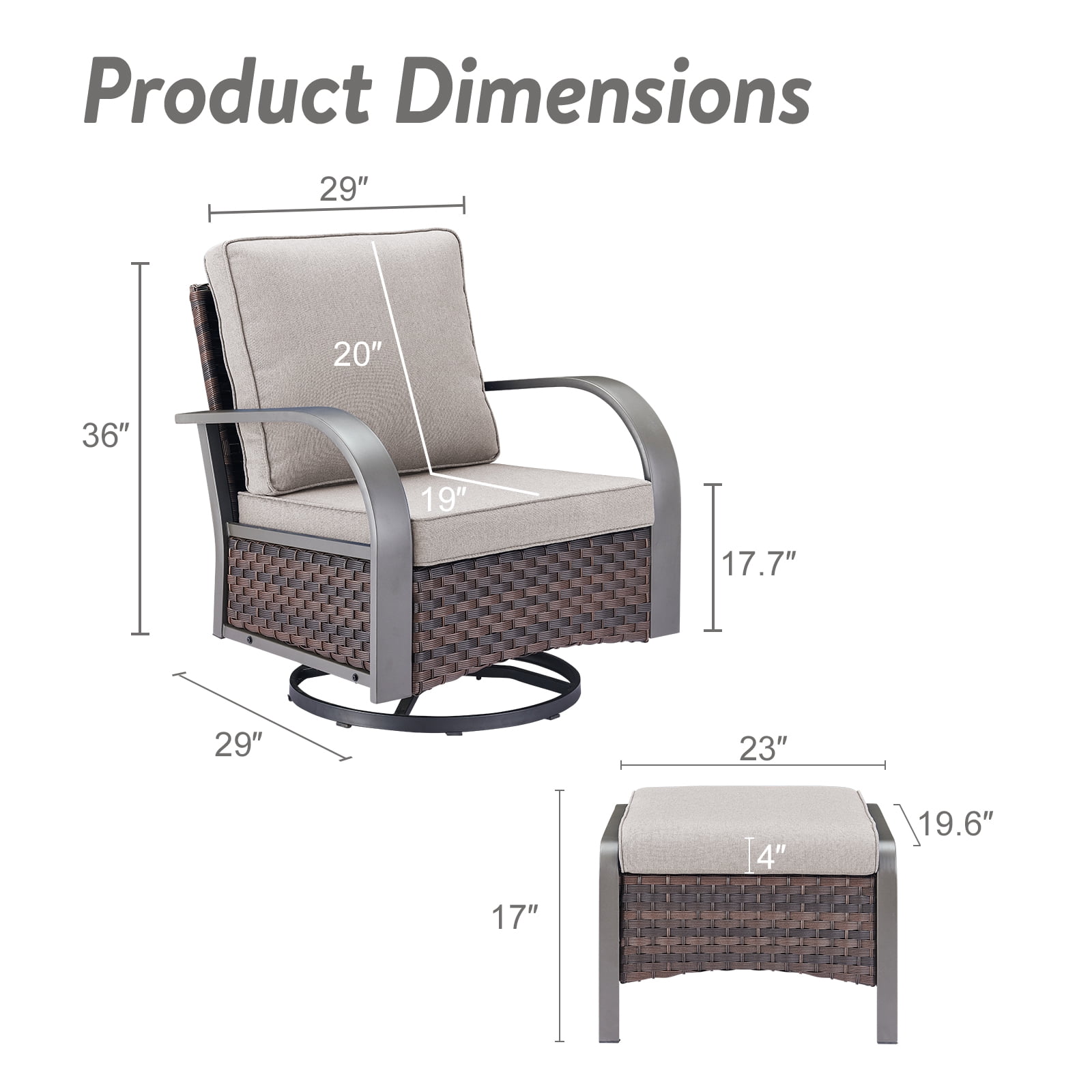 OPOHORO 4-Piece Patio Conversation Set with 2 Swivel Rocking Chairs and 2 Ottomans, PE Wicker Outdoor Furniture with Beige Cushions for Porch or Backyard