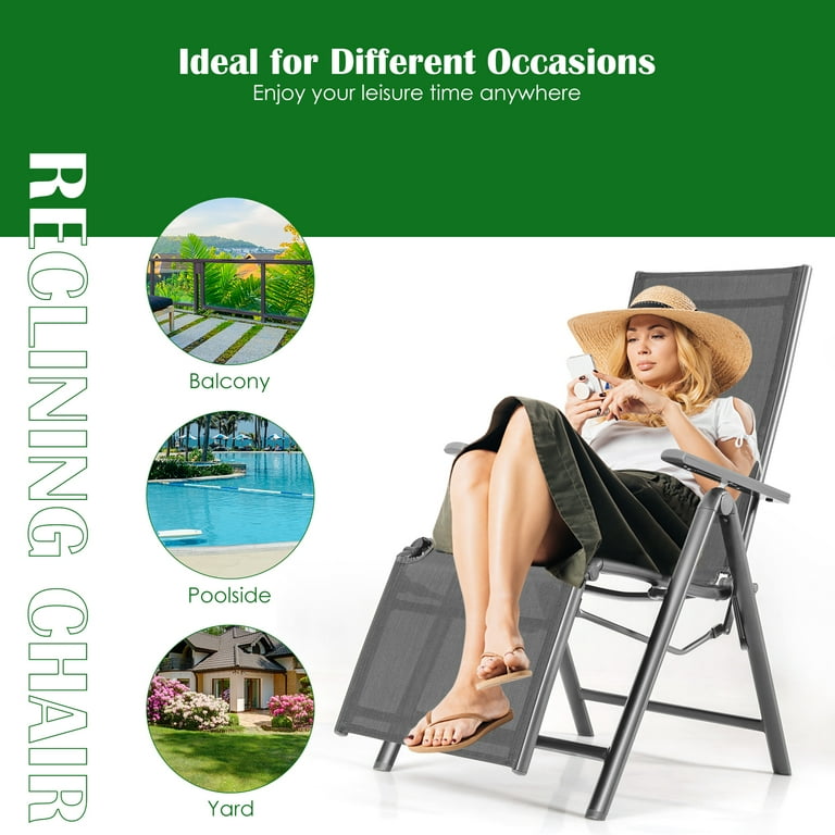 Patiojoy Outdoor Adjustable Reclining Chair High Back Recliner Folding Lounge Chair Gray