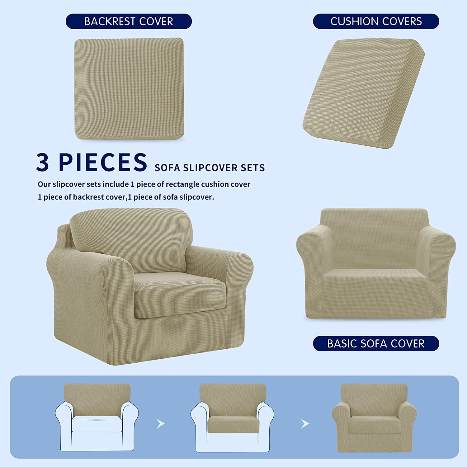Subrtex Sofa Slipcover Sets 3 Pieces Stretch Couch Cover Backrest Cushion Covers (Armchair, Sand)