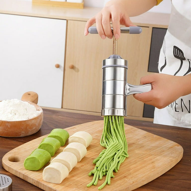 NEWCREATIVETOP Stainless Steel Manual Noodles Press Machine Pasta Maker with 5 Noodle Mould