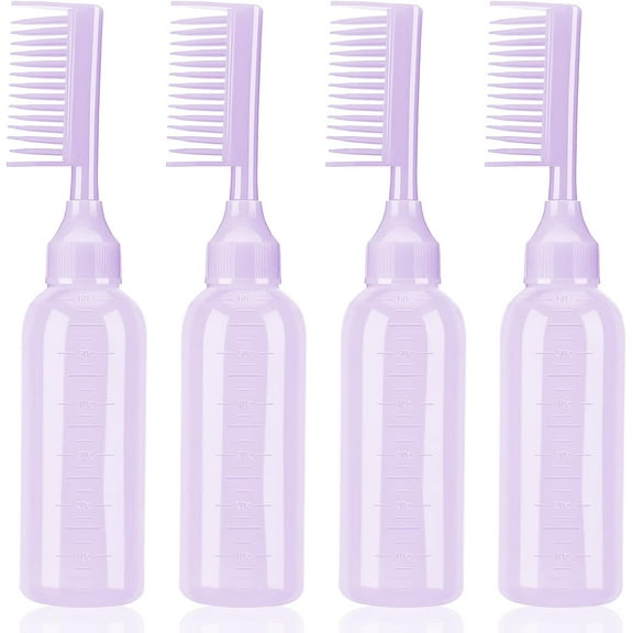4 Pack Root Comb Applicator Bottle,Hair Dye Brush Bottle Hair Dyeing Bottle Brush Shampoo Bottle Oil Comb Hair Tools Applicator Bottles with Graduated Scale for Home Salon(Purple)