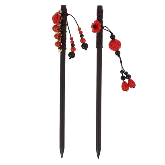 ifundom 2Pcs Wooden Hair Sticks with Red Flower Design, Antique Chinese Style Hair Forks for Elegant Hair Decoration