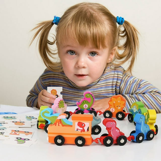 EGNMCR Car Model Wooden Colorful Dinosaur Transportation Animals 11Pcs Train Toys Matching Sequencing Games Educational Learning Counting Set Building Blocks Kit Puzzle Train