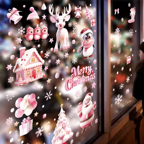 Adornos navideños, regalos navideños, adornos navideños rosas, casa de Papá Noel con copos de nieve, decoración de puertas y ventanas de vidrio, pegatinas electrostáticas, pegatinas de pared para fest