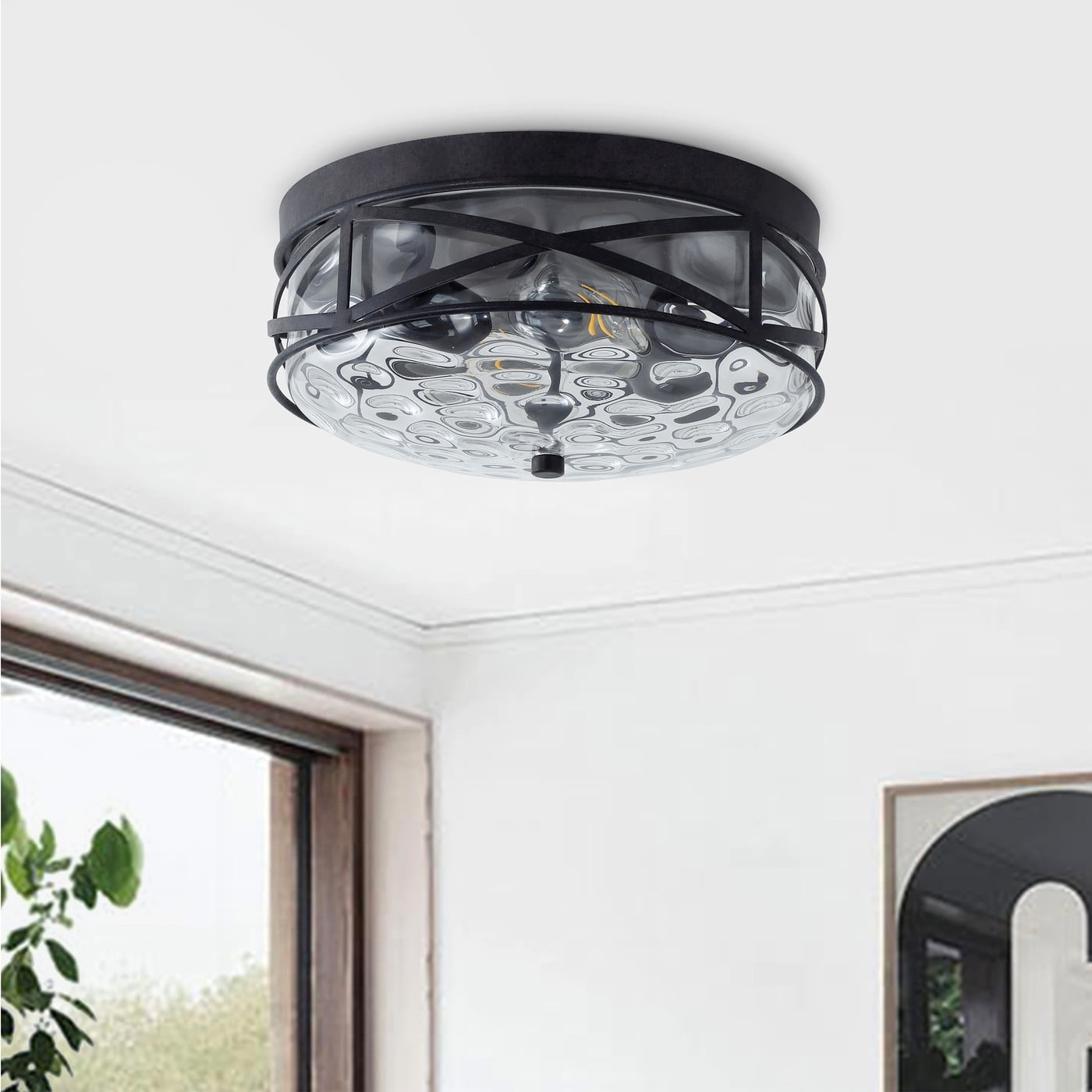 Aiwen 2 Lights Unique Drum Glass Shade Farmhouse Decorative Flush Mount Ceiling Lamp