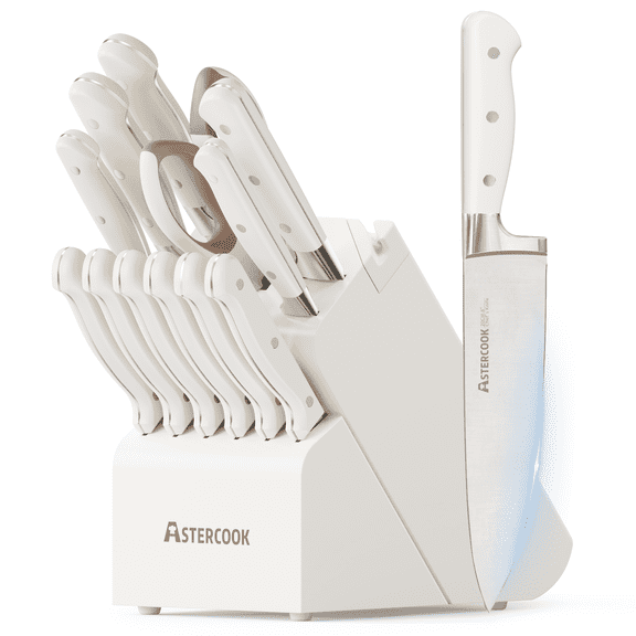 Astercook 14-Piece Knife Set with Block and Built-in Sharpener, Professional Full-Tang Kitchen Knife Set, Elegant Cream White Design for for Modern Kitchens and Housewarming Gifts