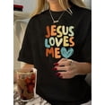 thumbnail image 1 of 1pc Vintage Style Women'S T-Shirt, "Jesus Loves Me" Graphic Print, Polyester, Short Sleeve, Round Neck, Casual Summer Tee, 1 of 6
