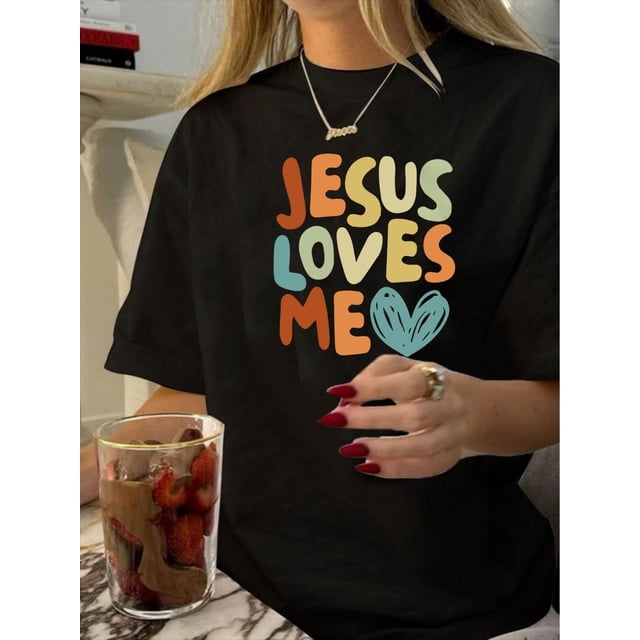 1pc Vintage Style Women'S T-Shirt, "Jesus Loves Me" Graphic Print, Polyester, Short Sleeve, Round Neck, Casual Summer Tee