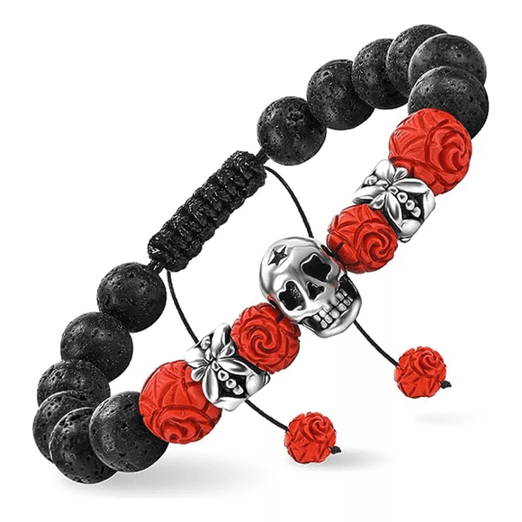 Pulsera Calavera Vintage Piedra De Lava Ojo De Tigre Hombre, Rojo/Negro