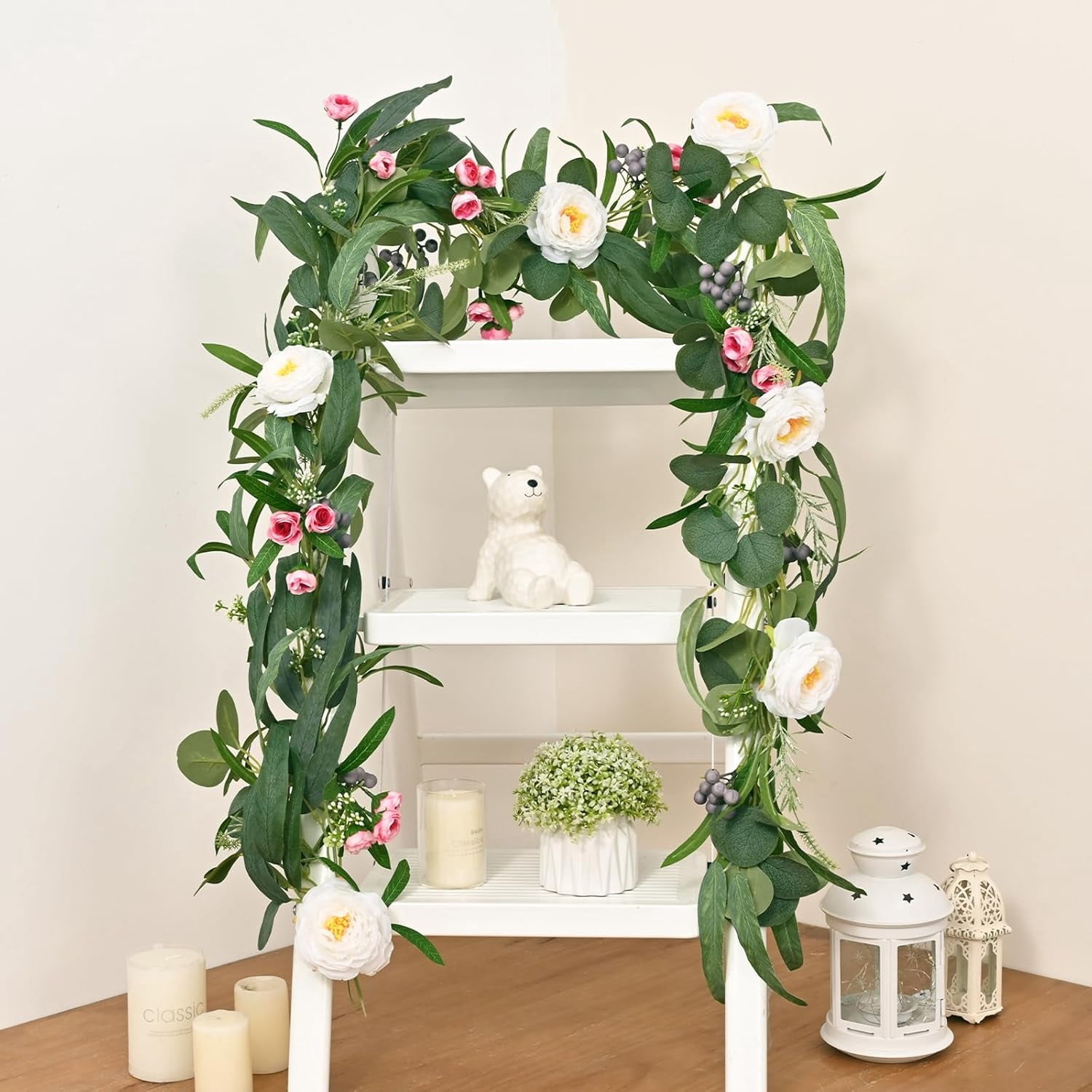 Lyacmy 12Ft Artificial Rose Flower Garland Greenery, Fake Silk Camellia Rose Vine Hanging Rose for Wedding Party Mantle Backdrop Room Decor