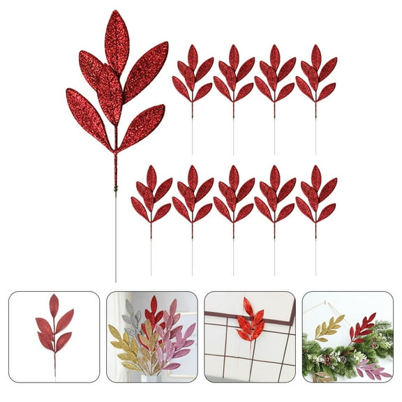 OFFIGAM 10Pcs Fake Glitter Fern Leaves Glitter Picks Red Plastic For Christmas Party Decor