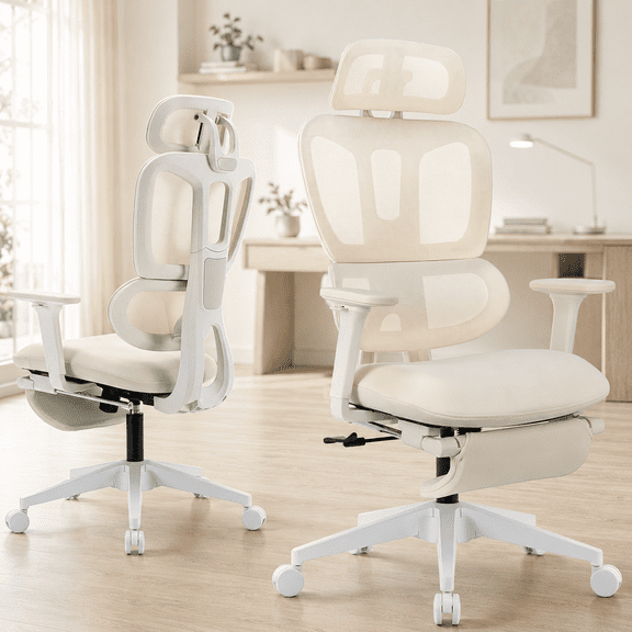 Ergonomic Office Chair with Footrest, High Back Mesh Desk Chair with Adjustable Headrest & Armrests, 90°-135° Reclining Computer Chair with Lumbar Support and Rocking Function, Off-White