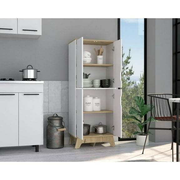 Double Kitchen Pantry - 4 Legs, 2 Two-door Cabinets, Shelves, Oak/white, Fine Particle Board Material Door In Oak/white Robust Construction