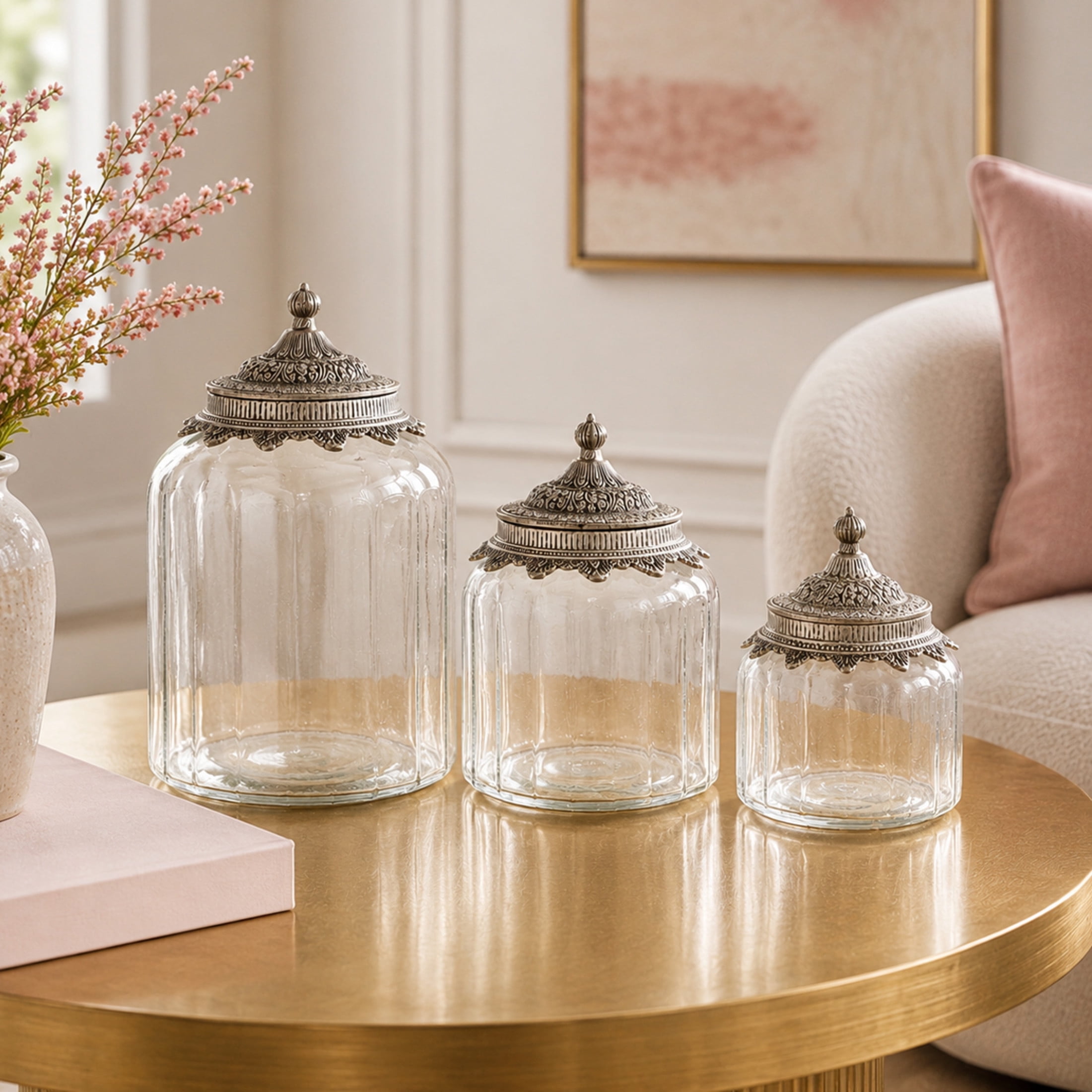 DecMode 6", 7", 9"H Clear Glass Decorative Jars with Engraved Silver Lids, 3-Pieces