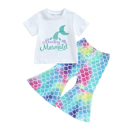 

Canrulo 2Pcs Toddler Baby Girls Summer Outfits Short Sleeve Letter Print T-Shirt Mermaid Flared Pants Clothes White Blue 2-3 Years