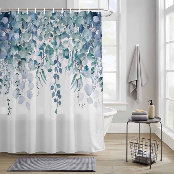 Bedliving Shower Curtain for Bathroom with 12 Hooks, Blue Green Eucalyptus Waterproof Fabric, 72" x 72"