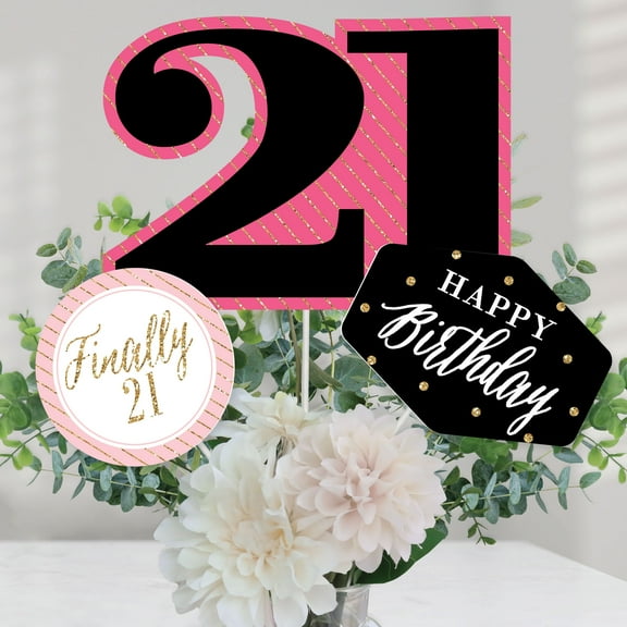 Big Dot of Happiness Finally 21 Girl - 21st Birthday Party Centerpiece Sticks - Table Toppers - Set of 15