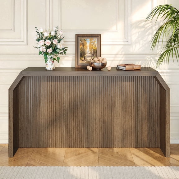 Techmilly 55.9" Fluted Sofa Console Table Behind Couch, Modern Vintage Fluted Entryway Table for Living Room, Hallway,Entry, Brown