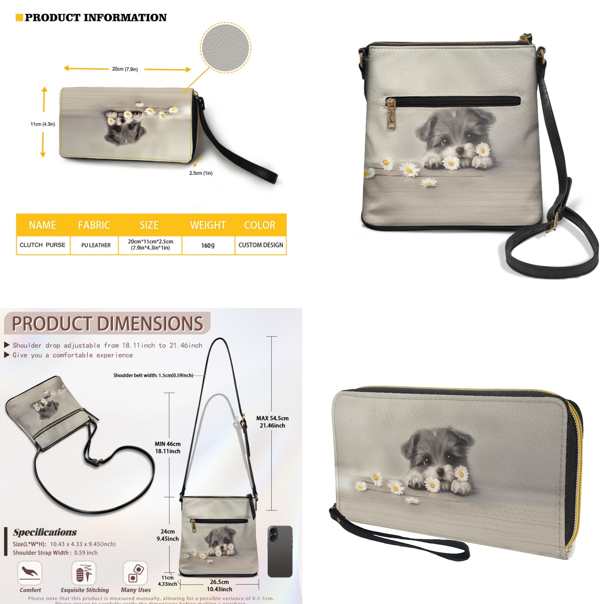 ZUXONGSY Dog Daisy Flower Print Women's PU Leather Crossbody Messenger Bag & Wallet Set, Multi-Pocket Satchel with Adjustable Shoulder Strap for Shopping Work Business