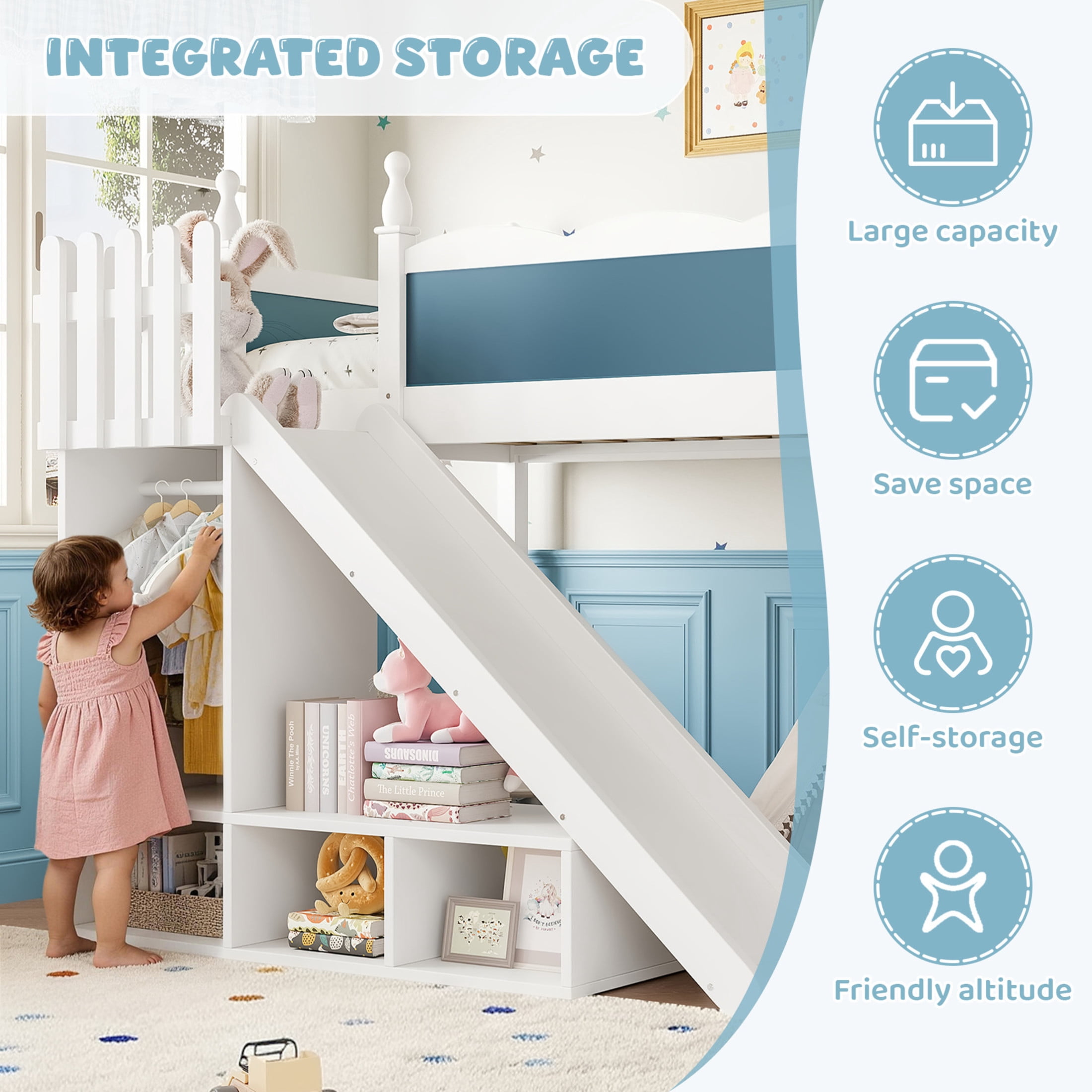 Noble House Twin Loft Bed with Storage Shelves, Detachable Slide and Ladder, White + Blue