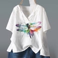 thumbnail image 2 of Pompotops Mode Femmes Imprimé Coton+lin Manches Courtes Col en V Hauts d'Été Blouse T-shirt Liquidation, 2 of 4