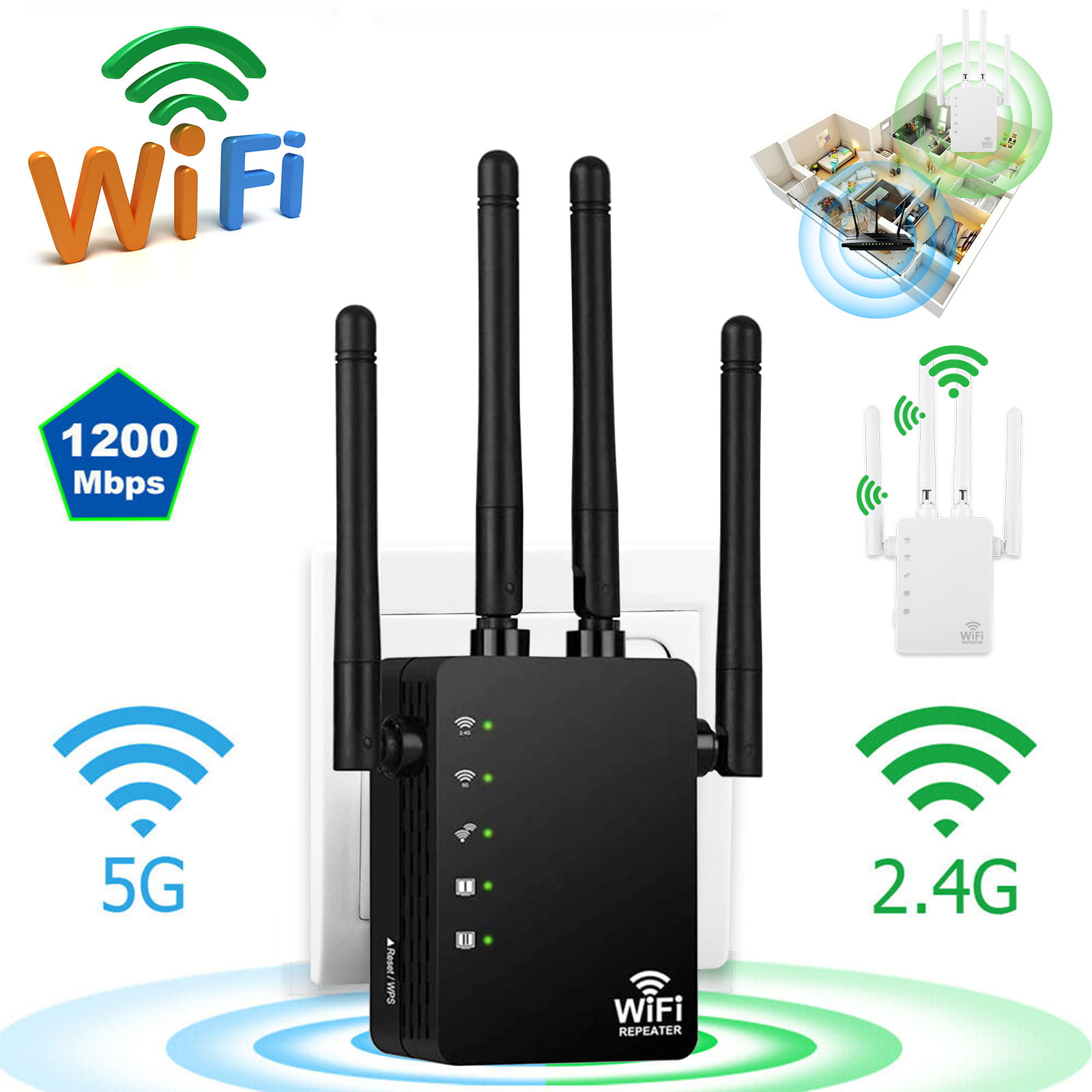 WiFi Range Extender 1200Mbps WiFi Signal Booster 2.4G/5G Dual Network Port 360 Degree Full Coverage Wireless Repeater Internet Signal Booster w/4 Ethernet Antennas US 