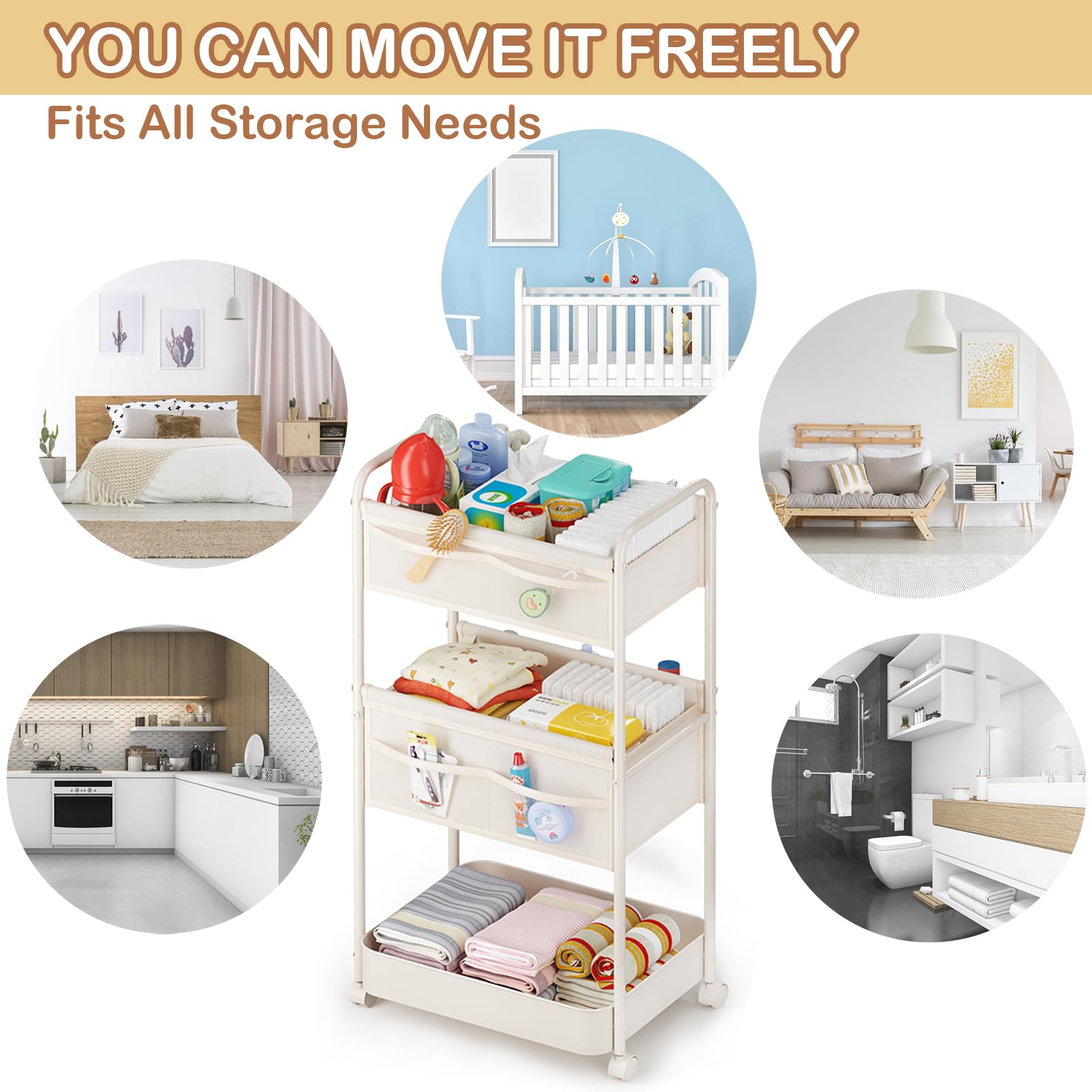 BOPHILI Baby Diaper Caddy Organizer and Storage - 3 Tier Rolling Cart with Dividers and Drawers, Easy To Assemble, Mobile Utility Cart with Wheels for Nursery, Bedroom, Changing Table & Crib”