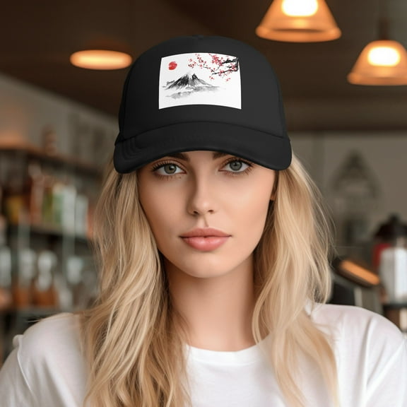Japanese Cherry Blossom Mount Fuji Red Sun Baseball Cap Trucker Hat for Women Men