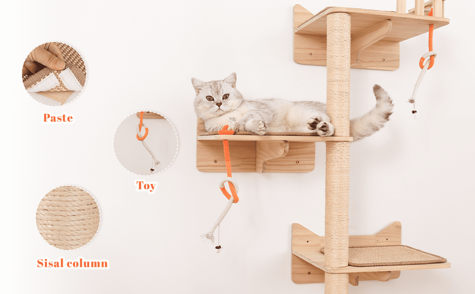 Wall Mounted Cat Tree - 7 PCS Cat Wall Shelves & Perches with Tall Sisal Scratching Posts, Wall Mount Cat Climbing Tree & Space-Saving Furniture for Indoor Cats to Climb, Scratch & Lounge