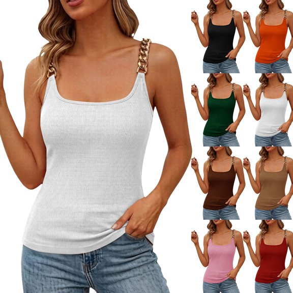 Lumistal Tank Top for Women Plain Fashion Summer Casual Basic Slim Fit Solid Color Sleeveless Top for Women Beach Clothes Womens Casual Chain Strap Tank Top Orange M