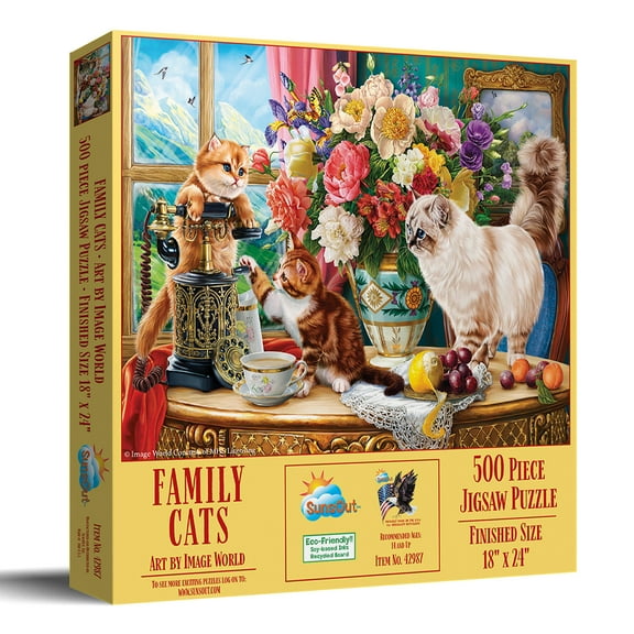 SUNSOUT INC - Family Cats - 500 pc Jigsaw Puzzle by Artist: Image World - Finished Size 18" x 24" - MPN# 42987