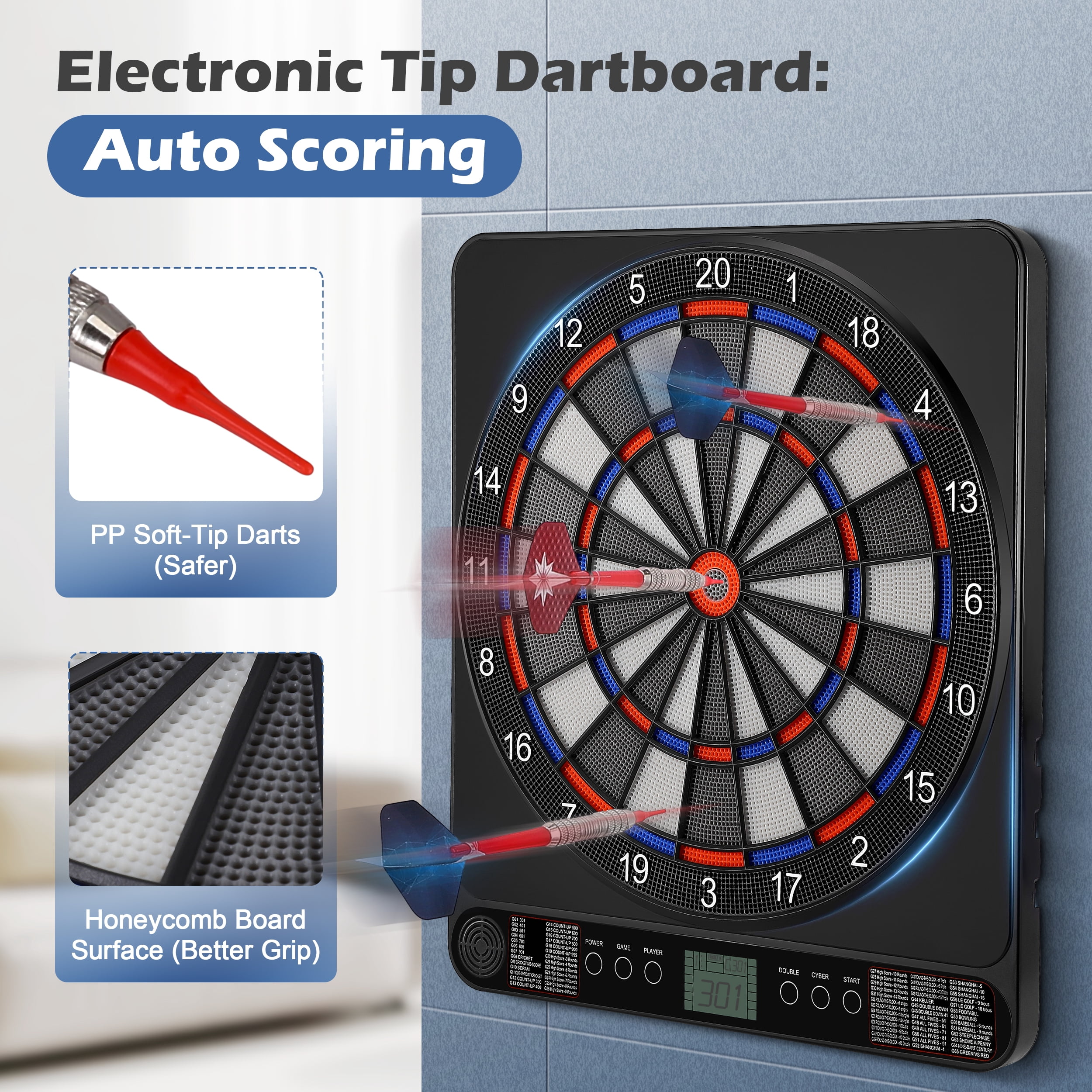 AMTPM Electronic Dart Board, Dart Board Electronic Scoreboard for 8 Players, 6 Darts Plastic Tips, Dartboard Set 65 Games, 200+ Variants Digital Electric Dart Boards, Battery