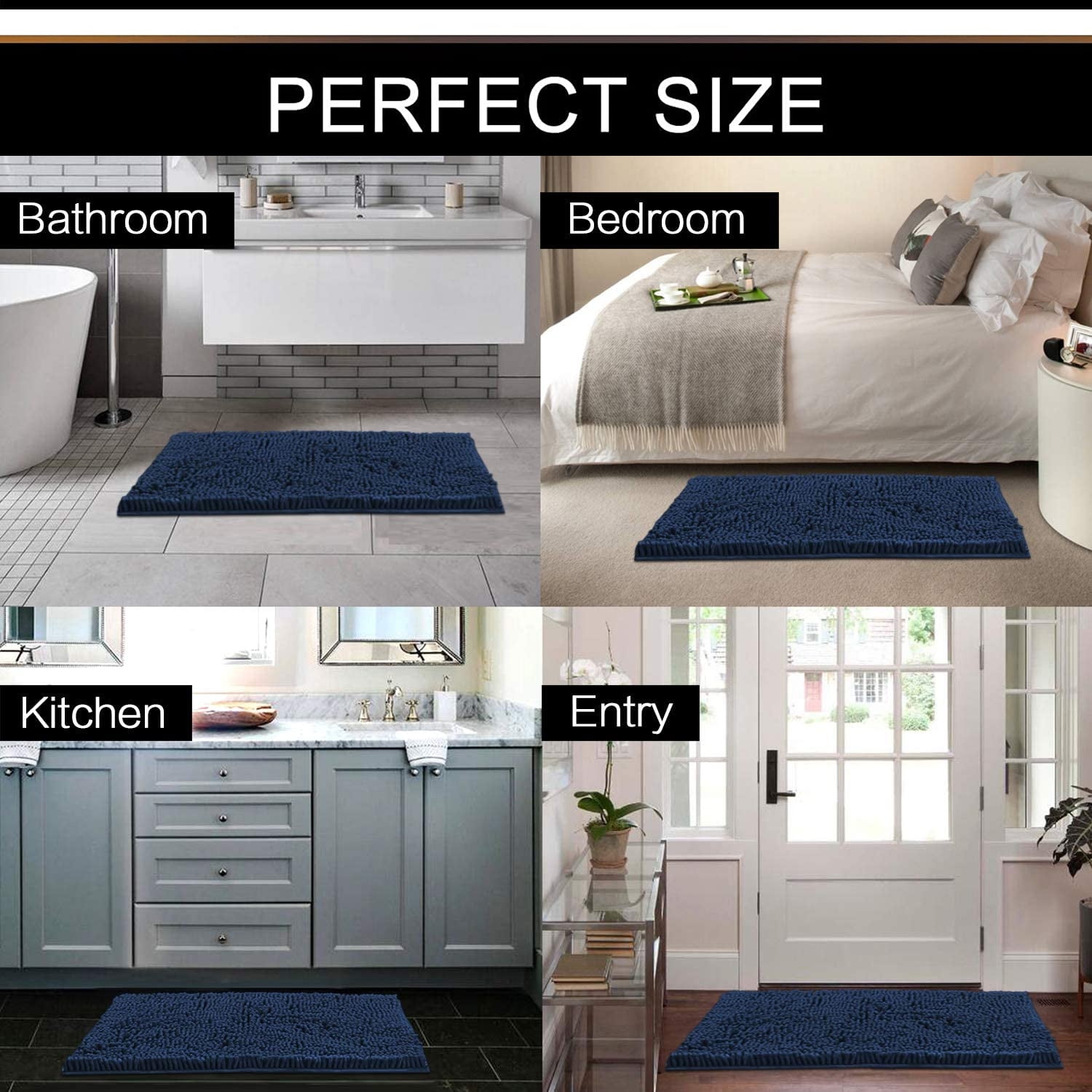 ASTARIN Extra Thick Striped Chenille Bath Rugs, Soft Chenille Bathroom Mats, Non Slip Absorbent Machine Washable Rugs for Shower Floor, Tub and Shower, Luxury Shaggy Bath Rugs (20"x32", Navy)