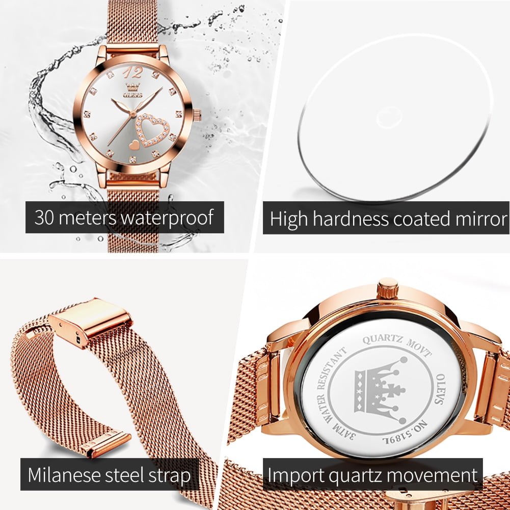 OLEVS Watches for Women Casual Dress Luxury Analog Quartz Mesh Strap Hearts Easy Read Waterproof Luminous Fashion Ladies Wrist Watches Gifts Relojes para Mujer White/Black
