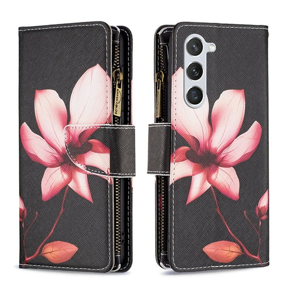 Dteck Zipper Wallet Case for Samsung Galaxy S24 Plus,Magnetic Leather Pattern Card Slots Case Shockproof Rubber Kickstand Full Body Protective Bag Cover,Lotus