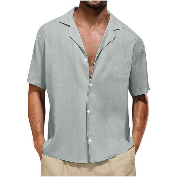 MIUOWANP Men's Short Sleeve Shirts Button Down Solid Color Cotton And Linen Loose Breathable T-Shirt Size XXL(12)Gray