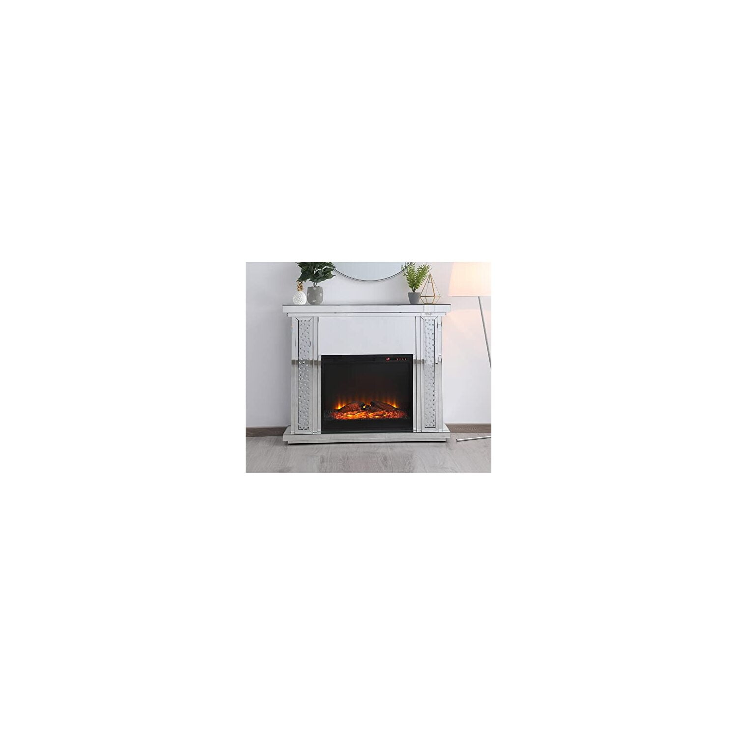 47.5 in. Crystal mirrored mantle with wood log insert fireplace