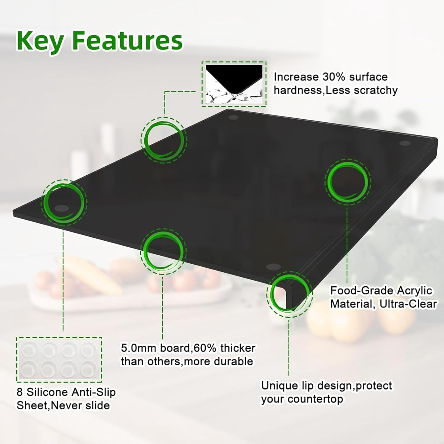 MKEUDQ-Acrylic Cutting Boards for Kitchen, 19.7"×15.7" Thick Block Vegetable Bread Meats Fruits Board with Counter Lip, Anti-Slip CuttingTray,Black