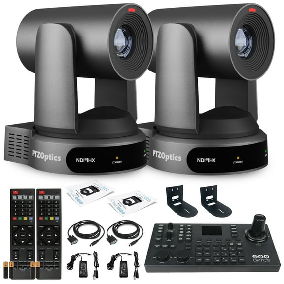 2 x PTZOptics Move 4K SDI/HDMI/USB/IP PTZ Camera with 30x Optical Zoom (Gray) (PT30X-4K-GY-G3)   PTZOptics SuperJoy PTZ Camera Joystick Controller   2 x Universal Wall Mount (Black)