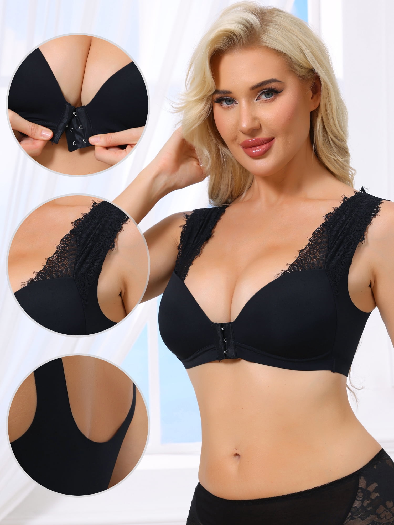 DARING DIVA Women's Lace Front Closure Push Up Wirefree Bras L Black