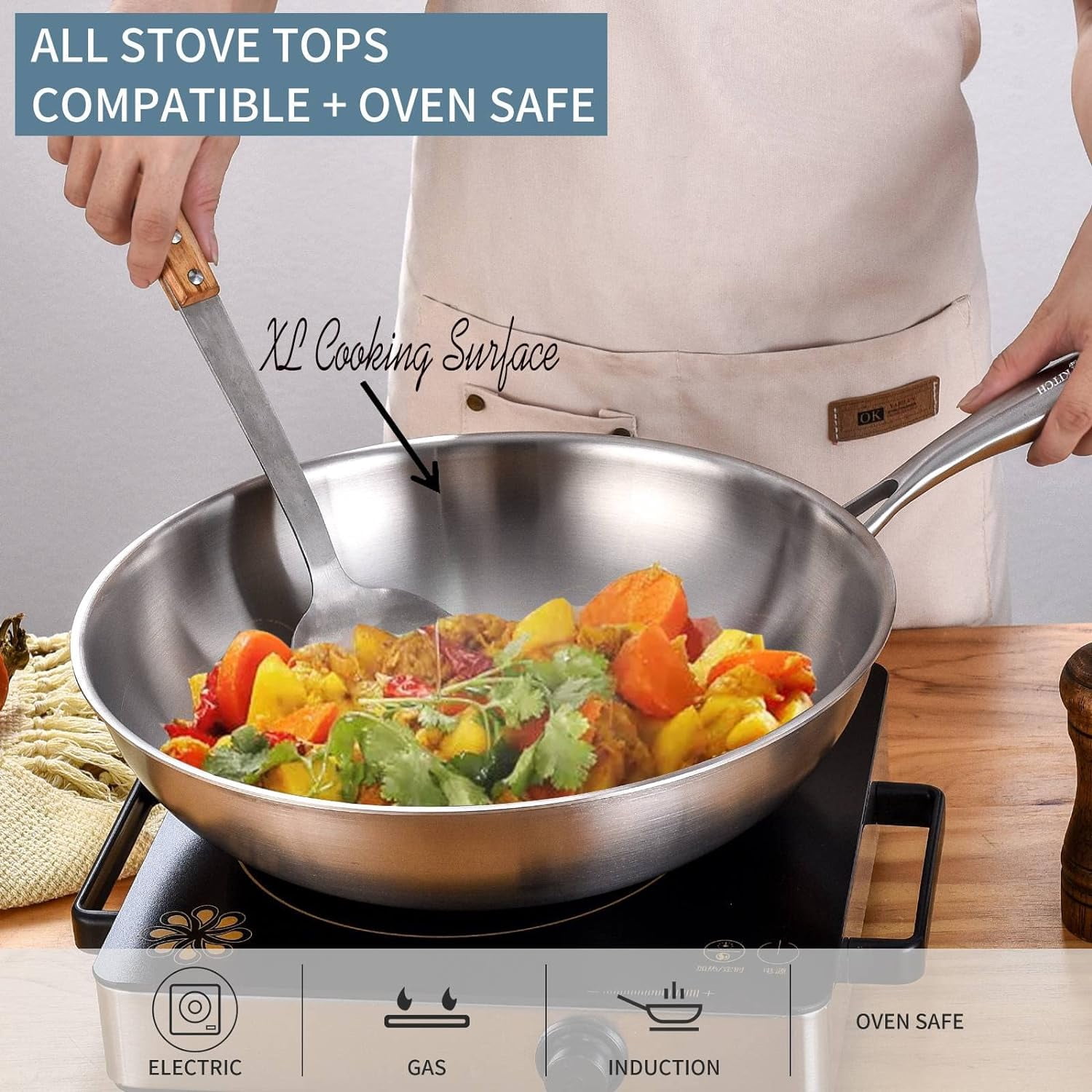 Stainless Steel Pots LOLYKITCH 10 Inch Tri-Ply Stainless Steel Wok With ...