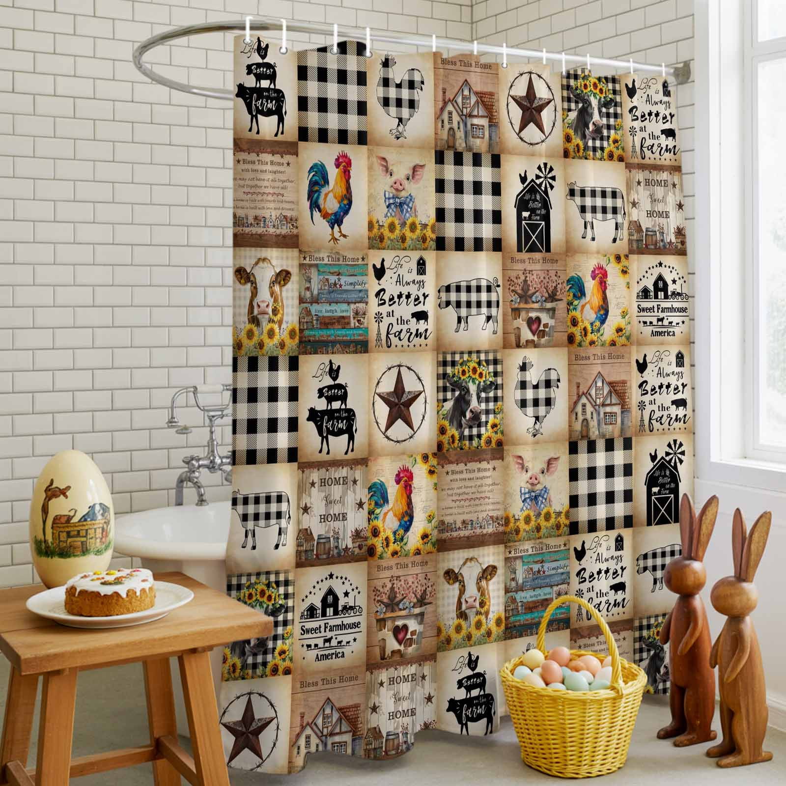 Vintage Rustic Farmhouse Plaid Shower Curtain Set with Hooks, Farm Animals Barn Stars Waterproof Fabric Bathroom Curtains Decor Home Accessories,72X 96 Inch Extra Long