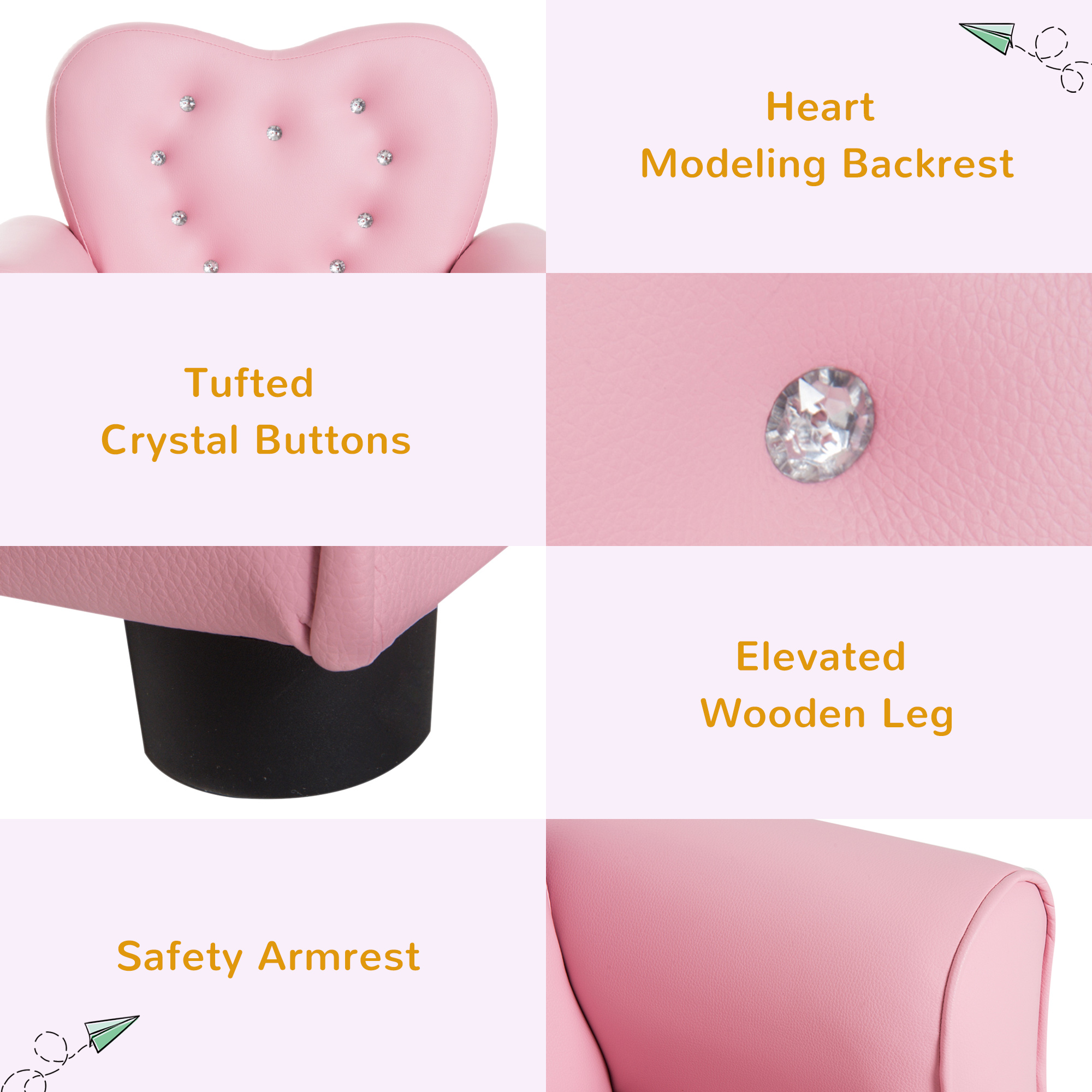 Qaba Kids Sofa Toddler Tufted Upholstered Sofa Chair Princess Couch Furniture with Diamond Decoration for Preschool Child, Pink - image 5 of 9