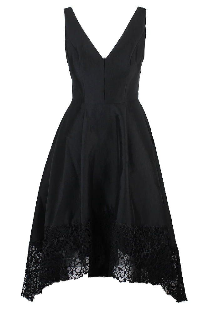 betsy and adam black lace dress Strapless Long Black Lace Prom Dress with Ruffles PromGirl