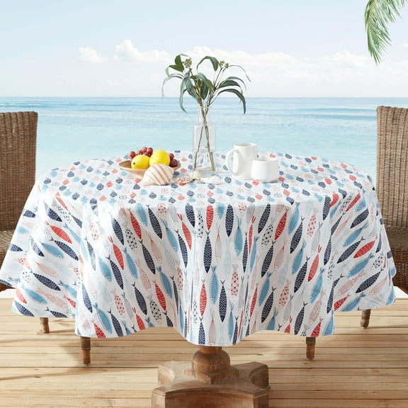 Newbridge Round Vinyl Flannel Backed Tablecloth, 70 Inch, Fish School, Indoor/Outdoor Waterproof Table Cloth, Cape Cod Print, Summer Party
