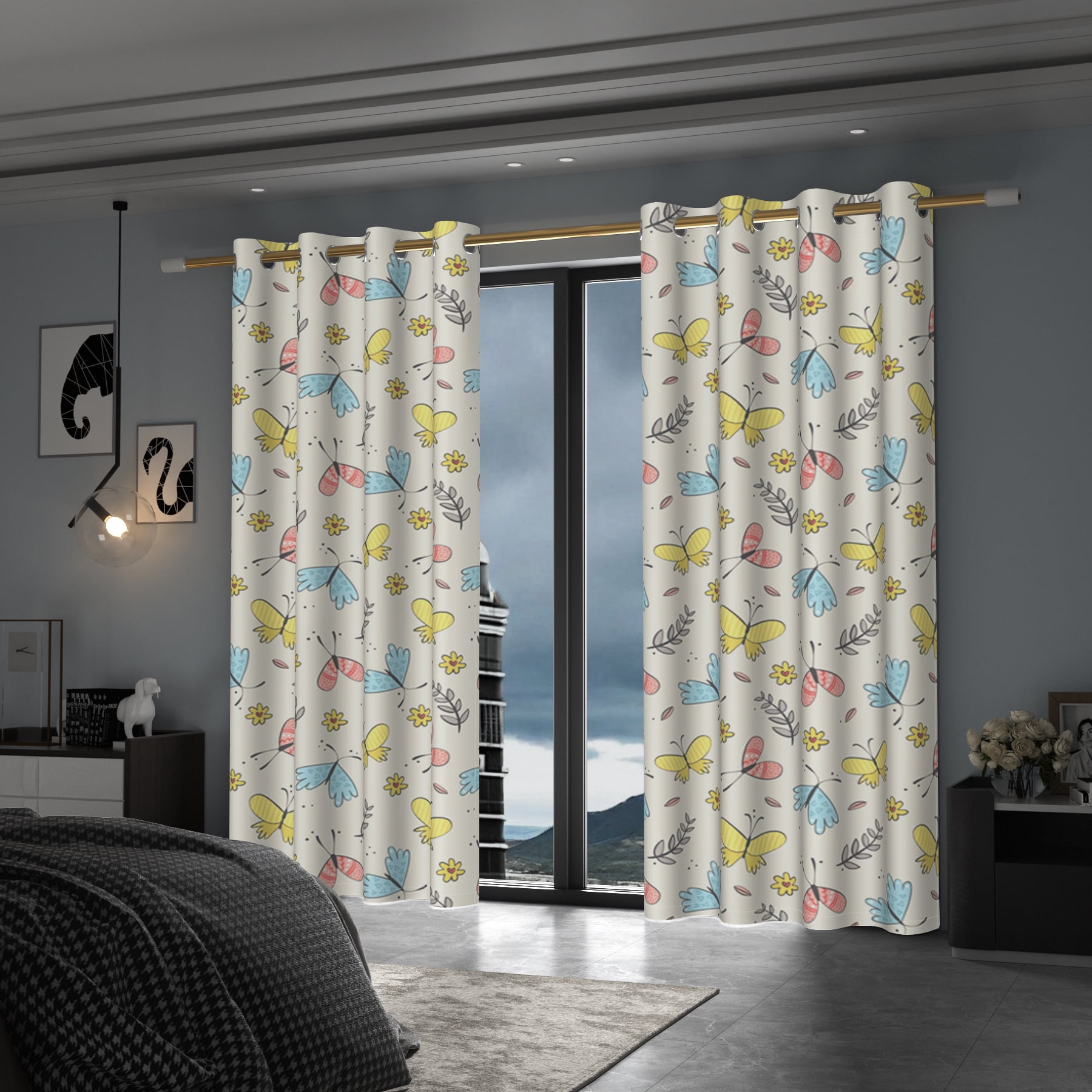 Lfeey Blackout Curtains for Girl Bedroom, Cute and Funny Butterfly Print, Metal Grommets, 52x63 Inches, 2 Piece Set