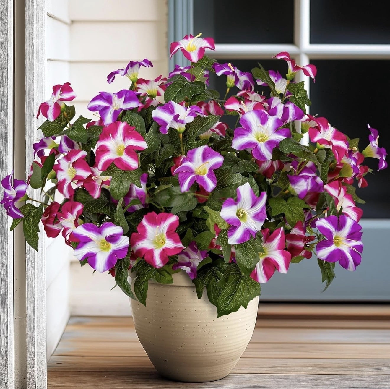 ZMKIAG UV Resistant Realistic Artificial Flowers for Outdoors – Fake Petunias Plants, Purple & White Silk Morning Glory – Faux Tropical Flowers for Planter, Porch, Patio, Yard, Garden, Window