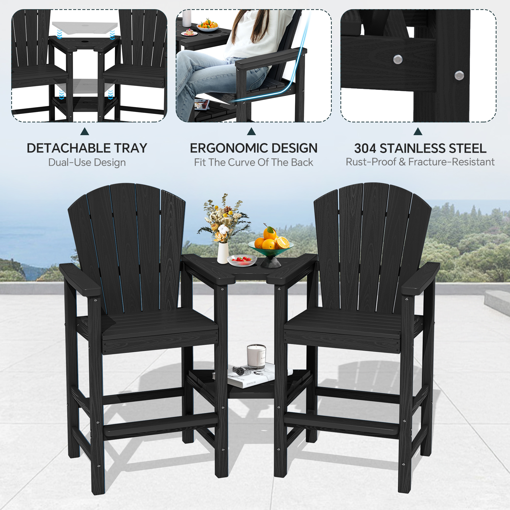 Serwall Tall Adirondack Chairs Set of 2, Black photo 3