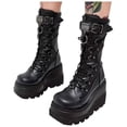 thumbnail image 5 of BRGZLK Womens Platform Mid Calf Boots Winter Plus Size Round Toe Chunky Heel PU Leather Goth Zip Lace Up Street Style Knee High Boot Trendy Motorcycle Booties Black 39, 5 of 9